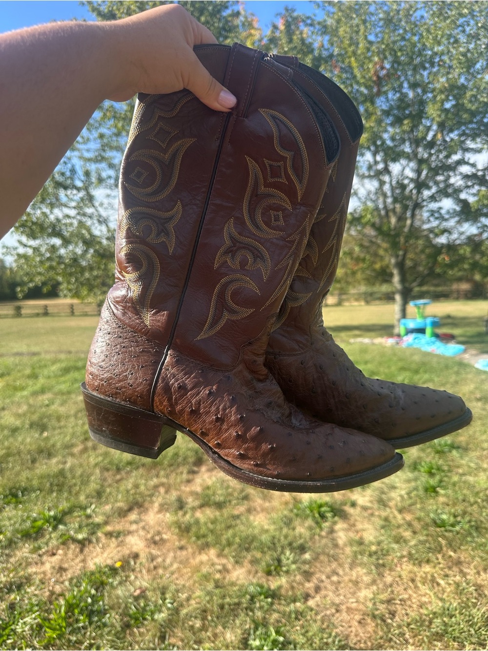 Justin Boots Brown Ostrich Leather Western Heeled Boots